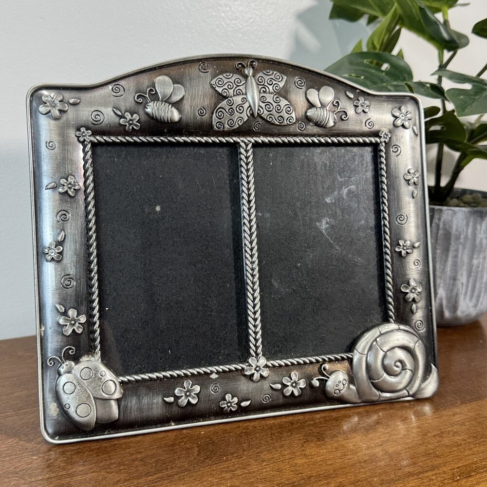 Butterfly Double Picture Frame 3.5x5 Pewter Tone Nursery Decor